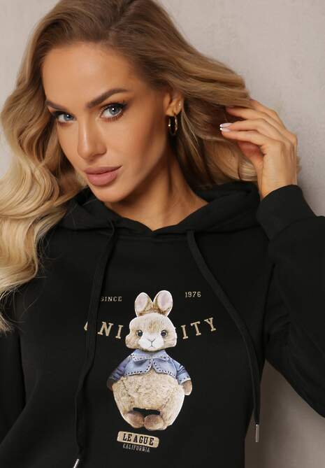 Czarna Ocieplana Bluza z Ozdobnym Nadrukiem i Kapturem Hitee