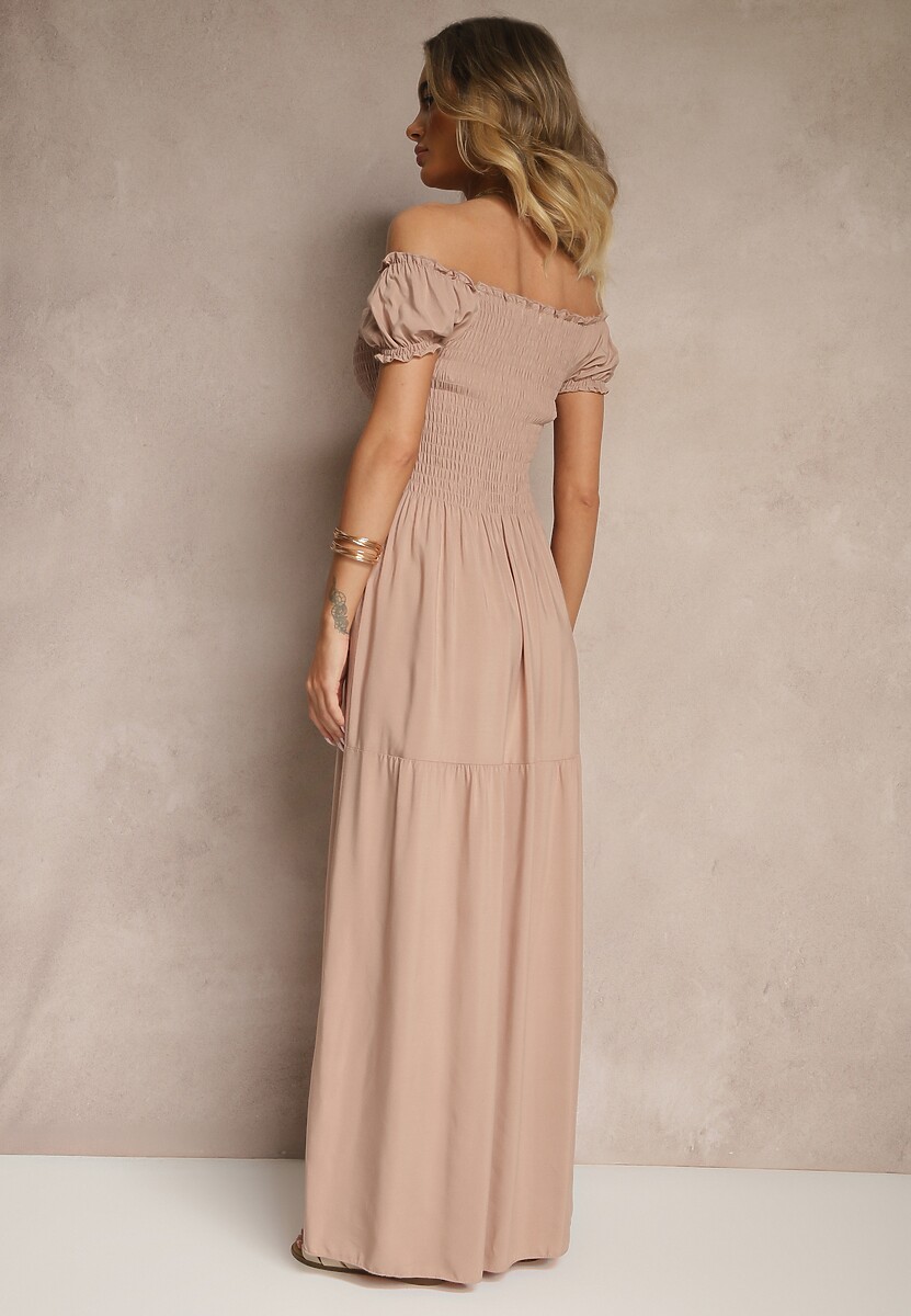 Beżowa Sukienka z Wiskozy w Stylu Hiszpanki Ozdobiona Marszczeniem Jenalena