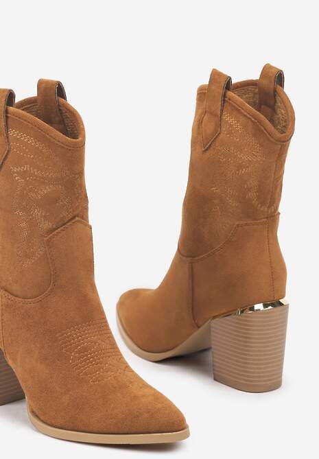 Brązowe Ażurowe Botki na Słupku w Kowbojskim Stylu Mevith