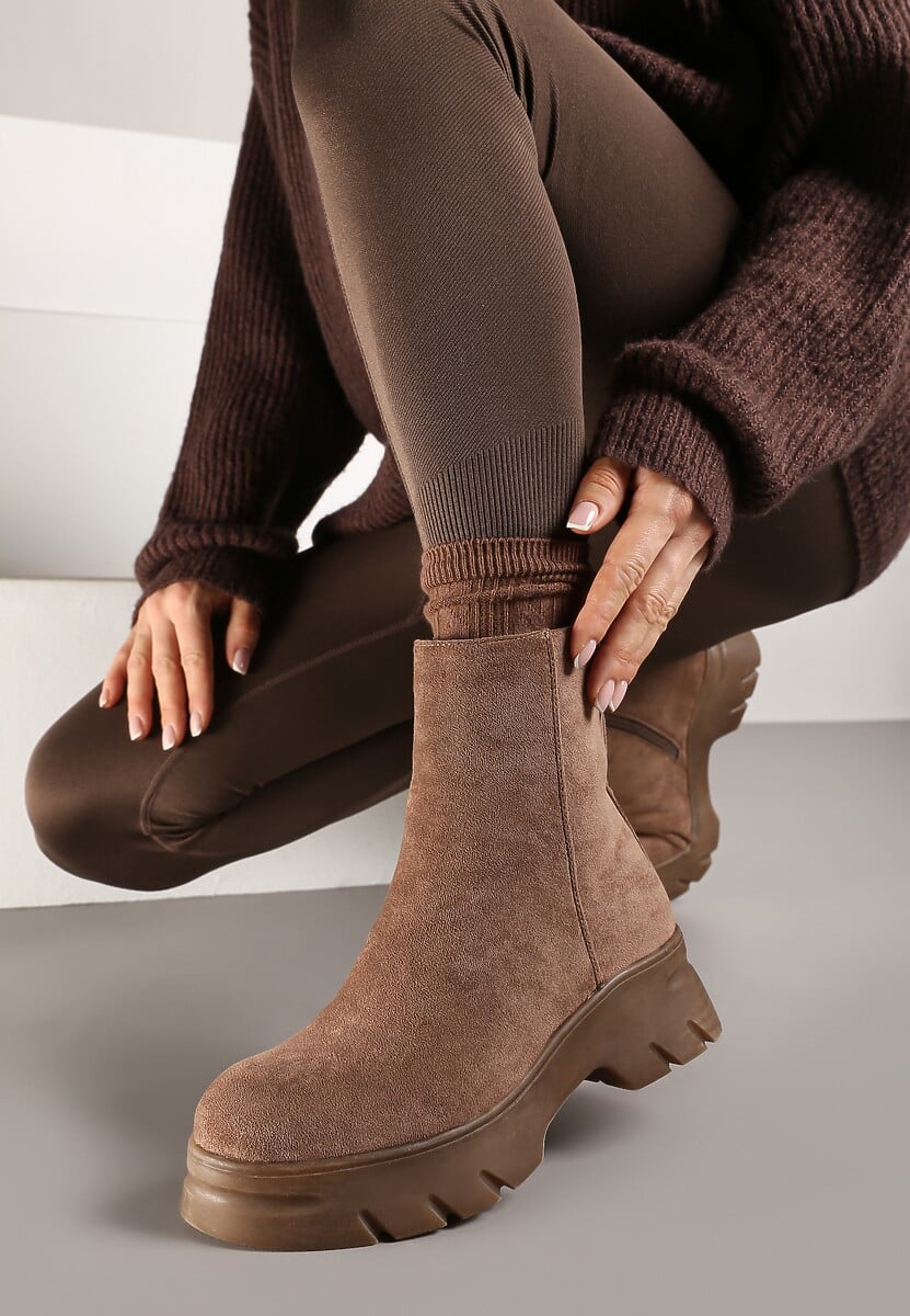Ciemnobeżowe Casualowe Botki z Ekozamszu na Platformie Naolara