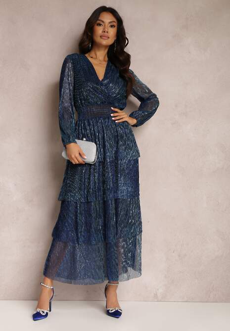 Granatowa Sukienka Błyszcząca z Falbanami i Transparentnym Rękawem Halose