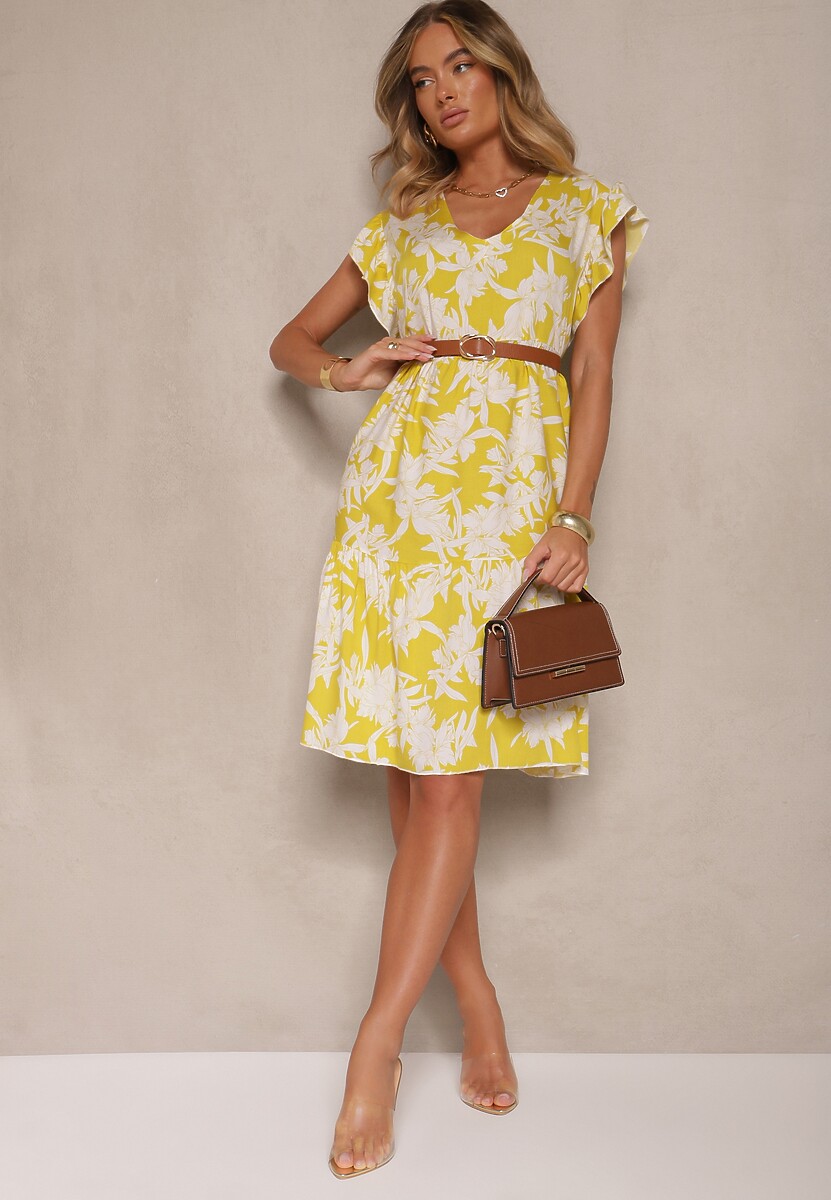 Żółta Kwiatowa Rozkloszowana Sukienka z Bawełny Liravira