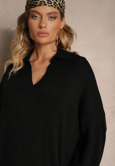 Czarna Sweterkowa Sukienka z Wiskozą o Pudełkowym Kroju Ozdobiona Kołnierzykiem Clarinnae