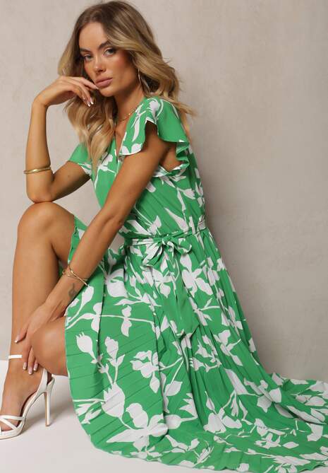 Zielona Sukienka z Kopertowym Dekoltem Plisowanym Dołem Wykończona w Talii Paskiem i Gumką Elsavia