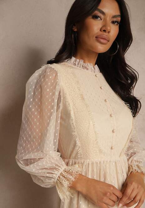 Beżowa Tiulowa Sukienka Maxi ze Wstawkami z Koronki i Ozdobnymi Guzikami Aovena