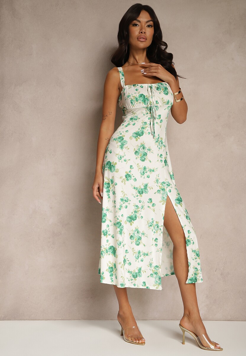 Beżowo-Różowa Sukienka w Kwiatowy Wzór z Kwadratowym Dekoltem Firaseve