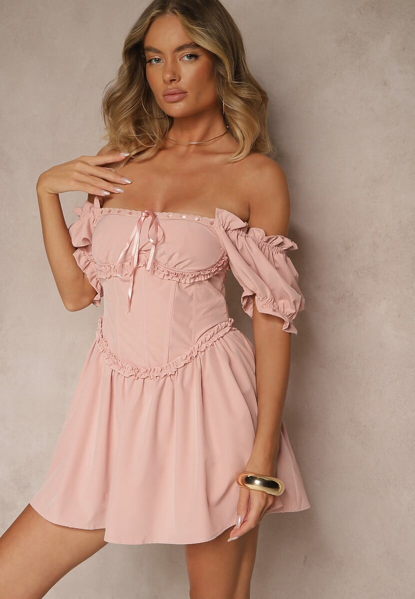 Niebieska Rustykalna Sukienka Vices z Gorsetowym Wiązaniem Tolarina