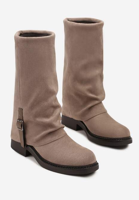 Beżowe Botki z Cholewką Imitującą Nogawkę Zdobione Paskiem ze Sprzączką Tirelie