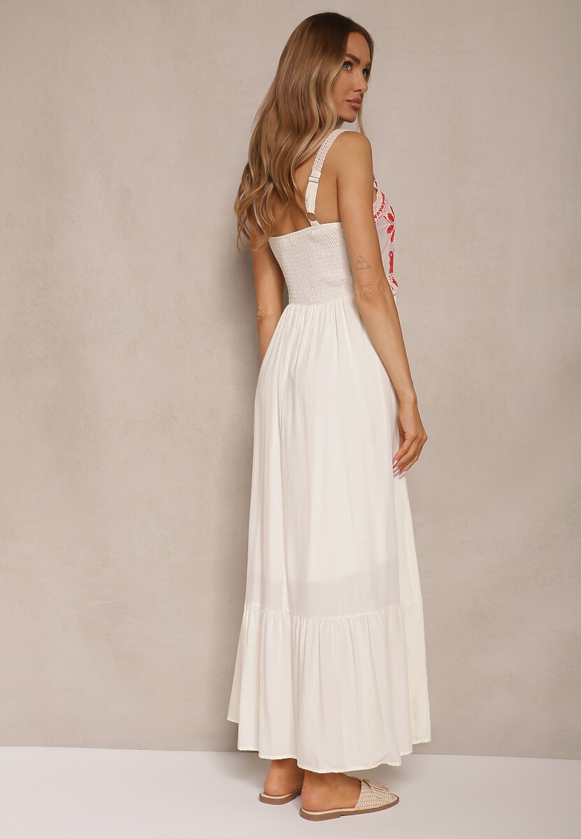 Beżowa Sukienka z Wiskozy Ozdobiona Haftem Rinastra