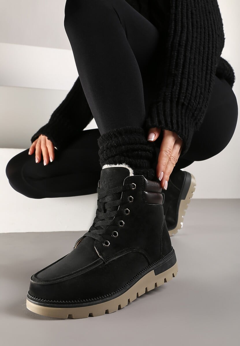 Czarne Sznurowane Botki Trapery z Mocnym Ociepleniem Kirssan
