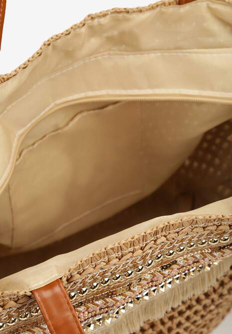 Brązowa Pleciona Duża Torebka Ozdobiona Frędzlami Rivarasia