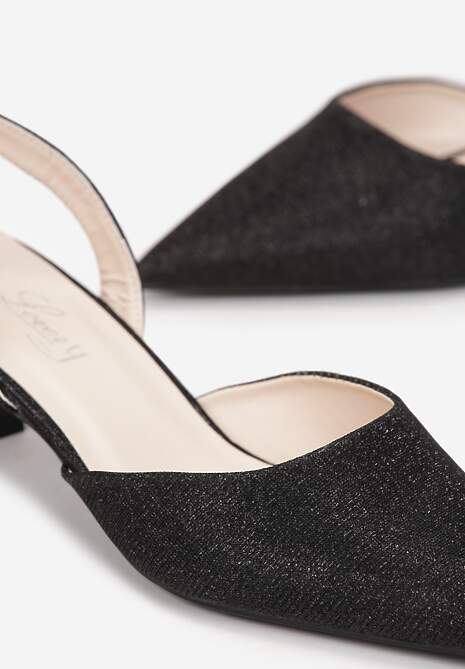 Czarne Czółenka na Obcasie Kaczuszka z Kwadratowym Noskiem i Brokatem Vaishnavi