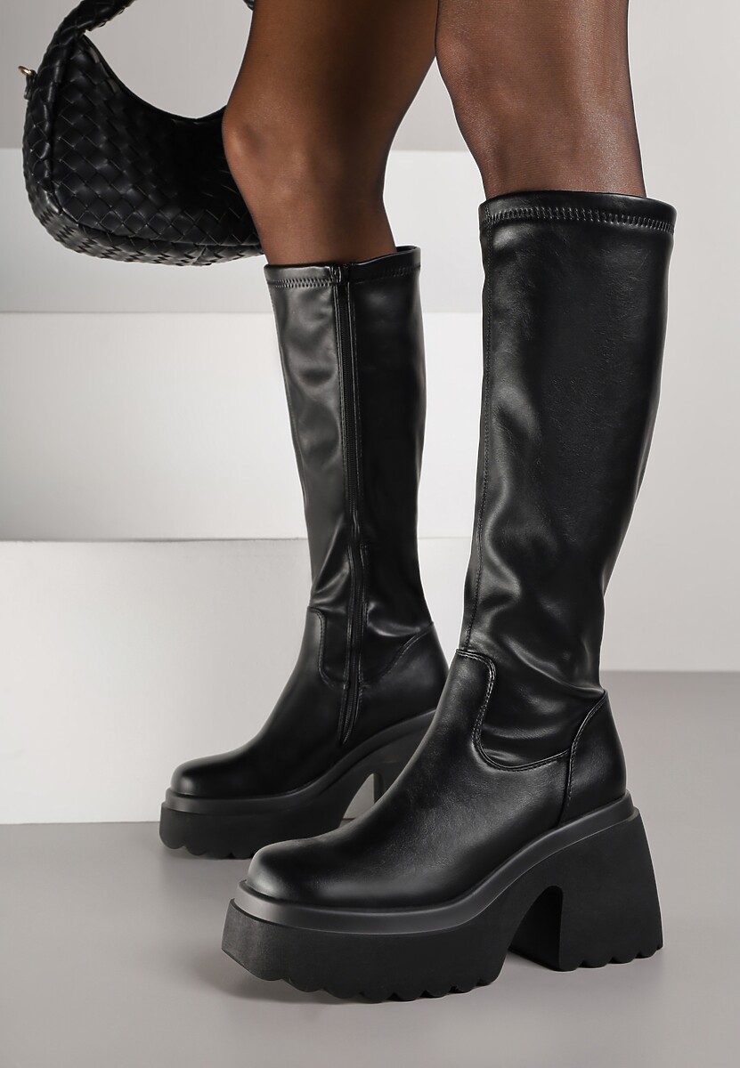 Czarne Kozaki na Słupku i Platformie z Dopasowaną Cholewką Avelgissa