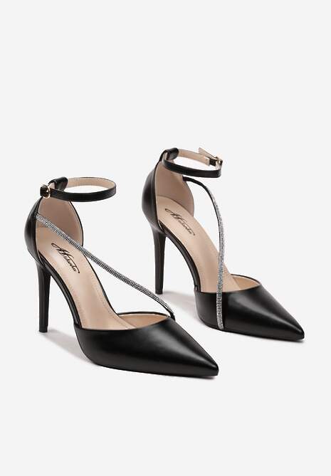 Czarne Szpilki z Cyrkoniami na Pasku i Zapięciem przy Kostce Zefiria