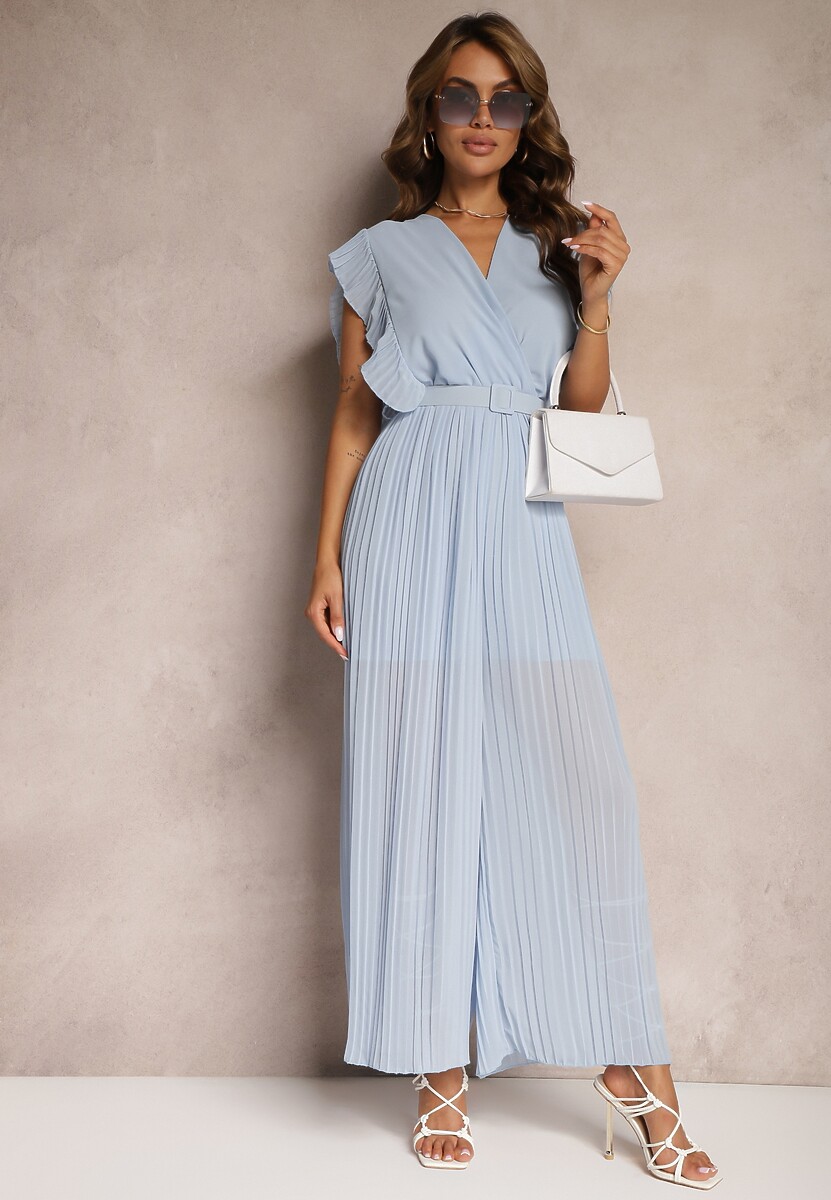 Jasnoniebieski Plisowany Kombinezon z Falbankami i Szerokimi Nogawkami Jarina
