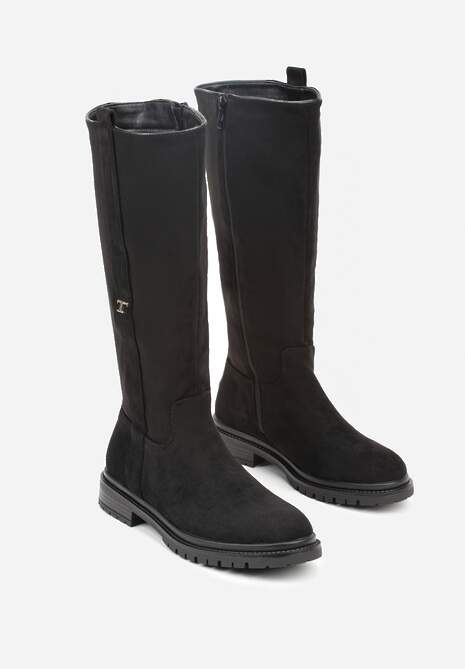 Czarne Kozaki Oficerki z Imitacji Zamszu z Aplikacją w Eleganckim Stylu Salenatta