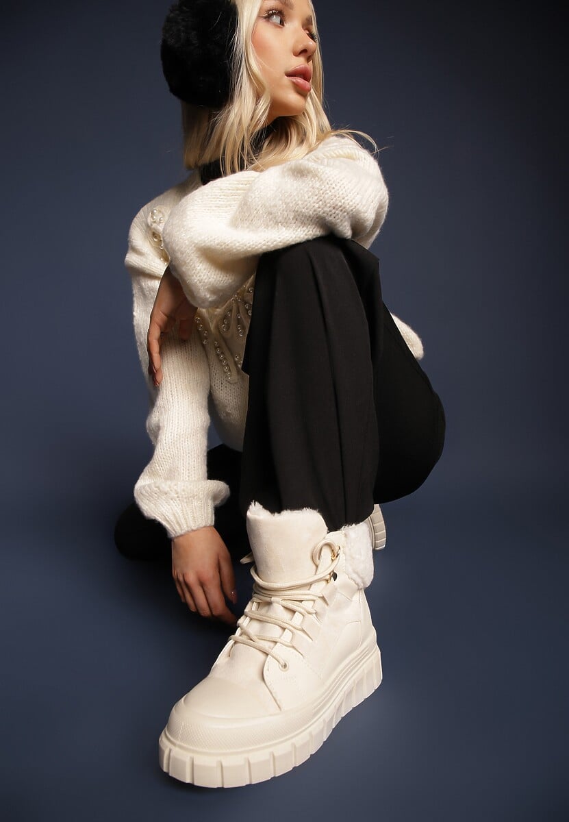 Białe Botki na Grubej Podeszwie z Futerkiem Nemda