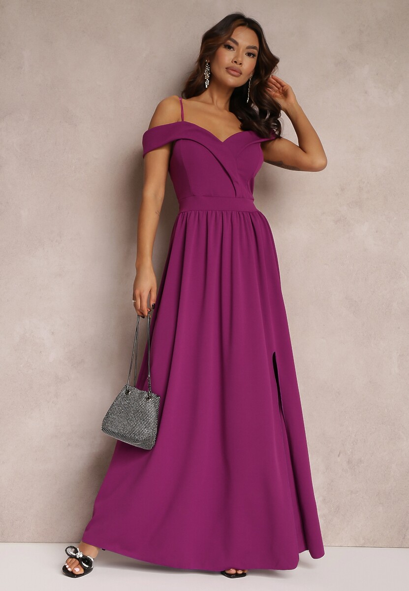 Fioletowa Sukienka Koktajlowa z Głębokim Dekoltem Maxi Gelfe