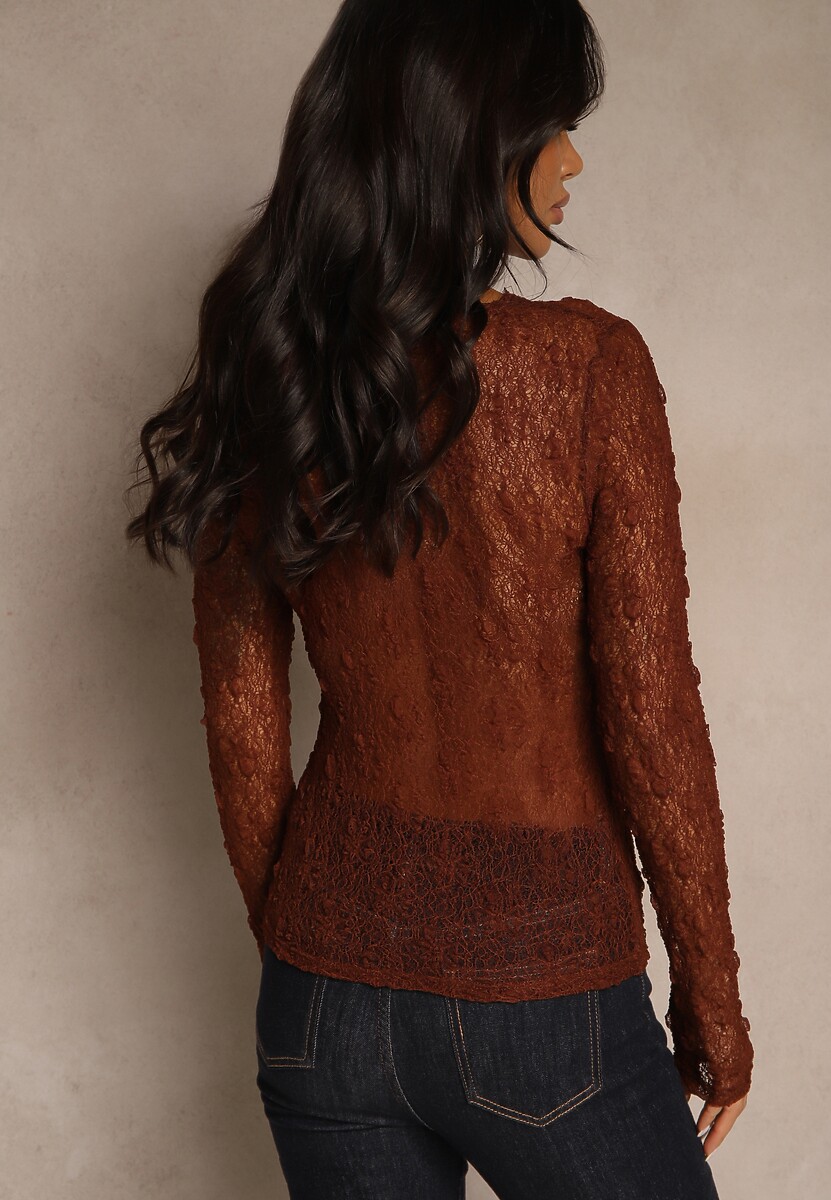 Brązowa Marszczona Bluzka Longsleeve z Koronki Saloravia