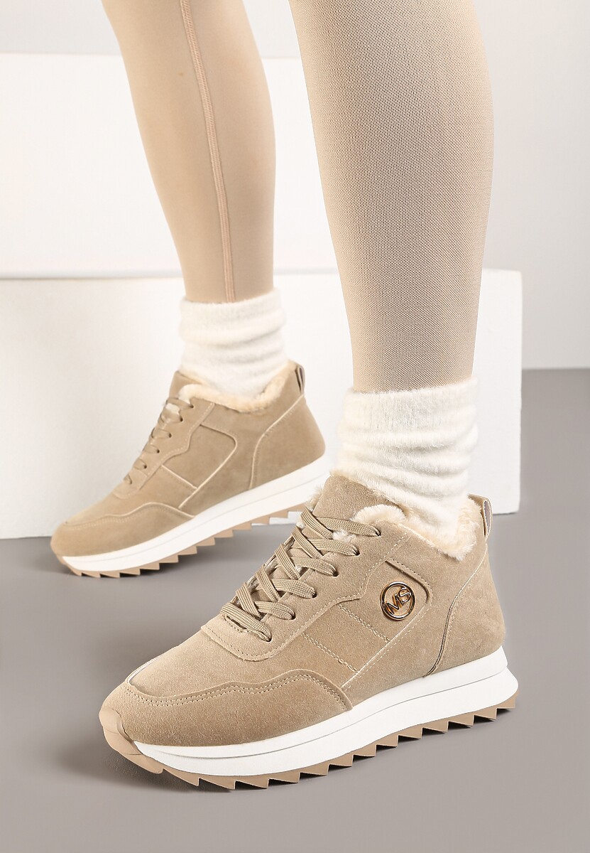 Ciemnobeżowe Ocieplane Sneakersy na Platformie Appopis