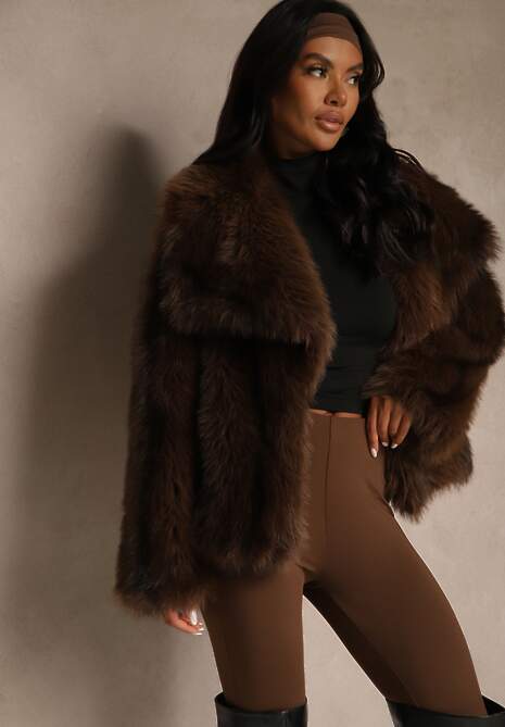 Brązowa Kurtka Futerko o Kroju Oversize z Ozdobnym Kołnierzem Monella