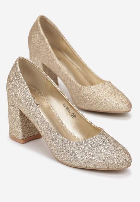 Złote Czółenka z Brokatem na Słupku Sahovi