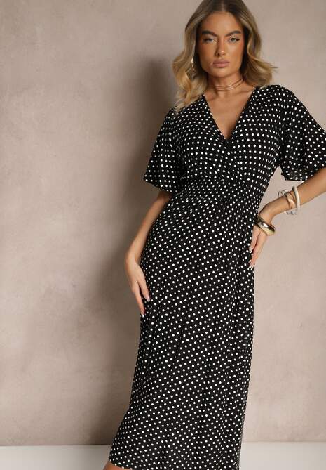 Czarna Sukienka z Bawełną i Kopertowym Dekoltem ze Wzorem w Kropki Ldivona