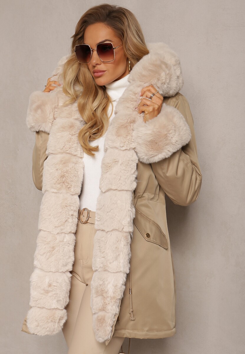 Czarna Kurtka Parka z Paskiem w Talii i Kapturem z Futerkiem Hizontia