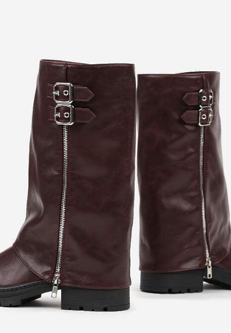 Bordowe Botki z Wywiniętą Cholewką Zdobioną Suwakiem i Sprzączkami Eevea