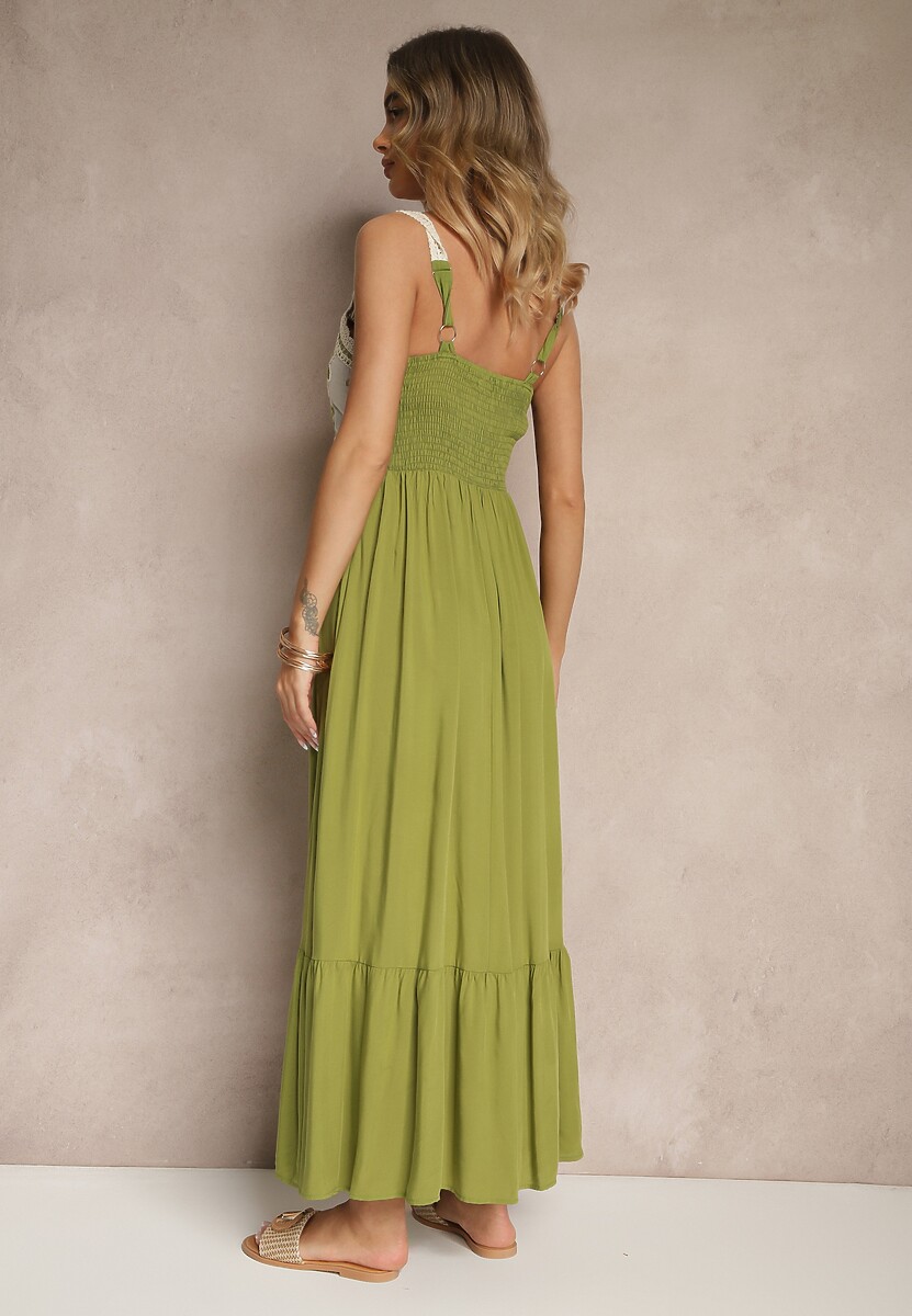 Zielona Sukienka z Wiskozy Ozdobiona Haftem Rinastra