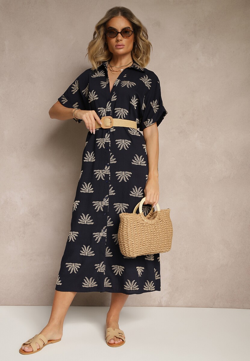 Granatowa Wiskozowa Sukienka o Koszulowym Kroju z Haftem i Paskiem z Klamrą Lioessa