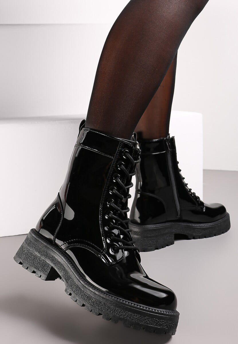 Czarne Botki Workery z Lakierowaną Cholewką Nouria