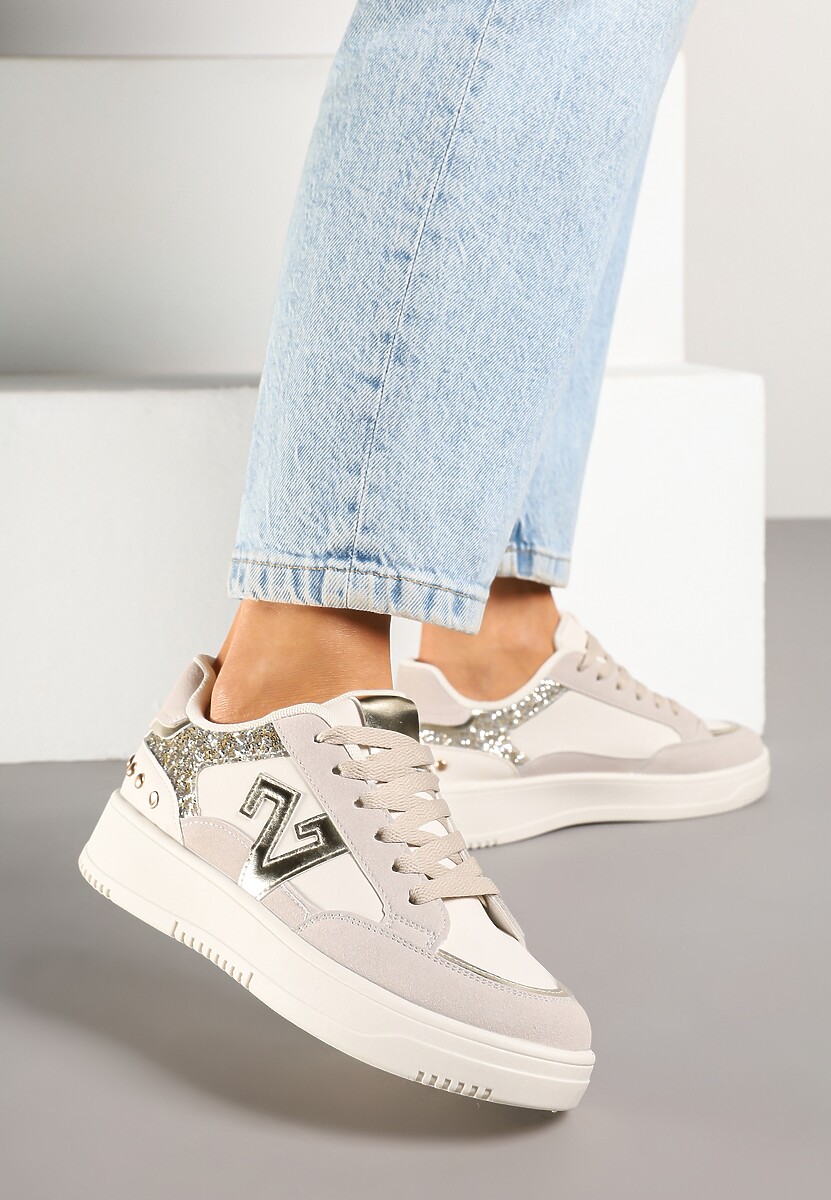 Beżowe Sneakersy Ozdobione Metalicznymi Aplikacjami i Brokatem Pilliossa
