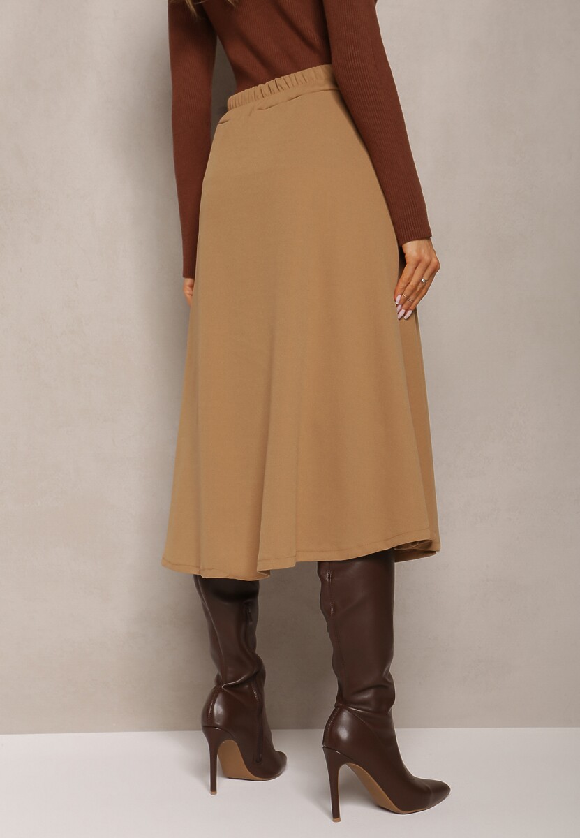Beżowa Rozkloszowana Spódnica Midi z Gumką w Talii i Paskami z Imitacji Skóry Helemisia