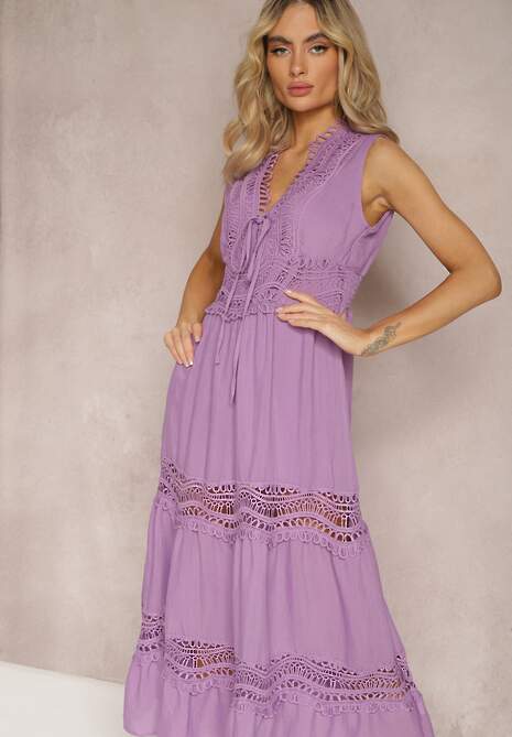 Fioletowa Maxi Sukienka o Rozkloszowanym Kroju z Ażurowymi Wstawkami Litulla