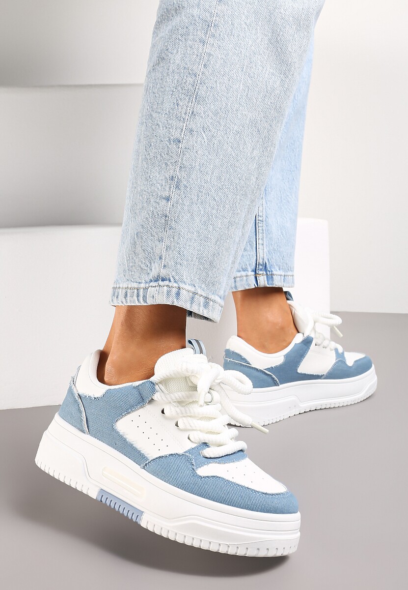 Biało-Srebrne Sneakersy na Platformie Wiązane na Szerokie Sznurowadła Viletra