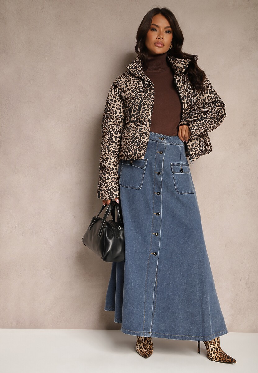 Granatowa Rozkloszowana Spódnica Jeansowa Maxi z Bawełny z Guzikami Brissa