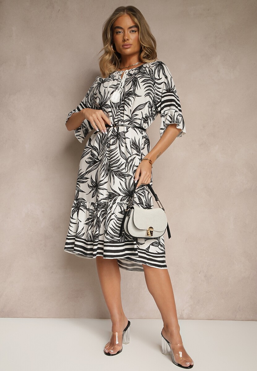 Biała Pudełkowa Sukienka Zdobiona Roślinnym Printem i Wiązaniem przy Dekolcie Miranissa