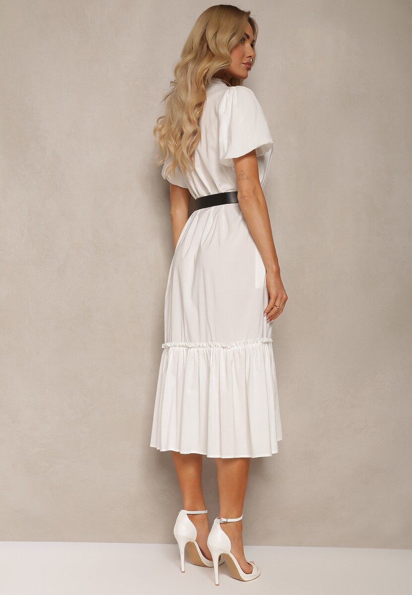 Biała Rozkloszowana Sukienka Zapinana na Guziki z Paskiem z Ekoskóry i Krótkim Rękawem Wontia