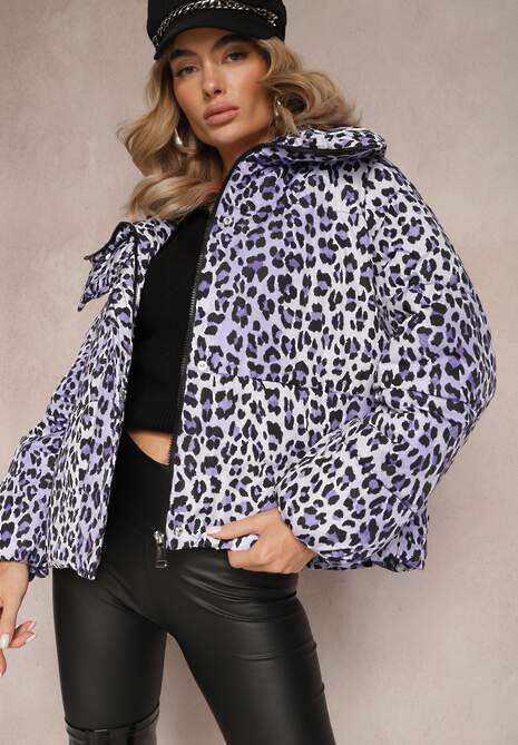 Fioletowa Kurtka w Cętki z Pikowaniem i Kołnierzem Gelasa