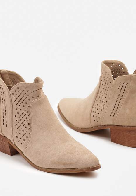 Beżowe Botki Kowbojki Vices na Słupku z Ażurową Cholewką Selahra