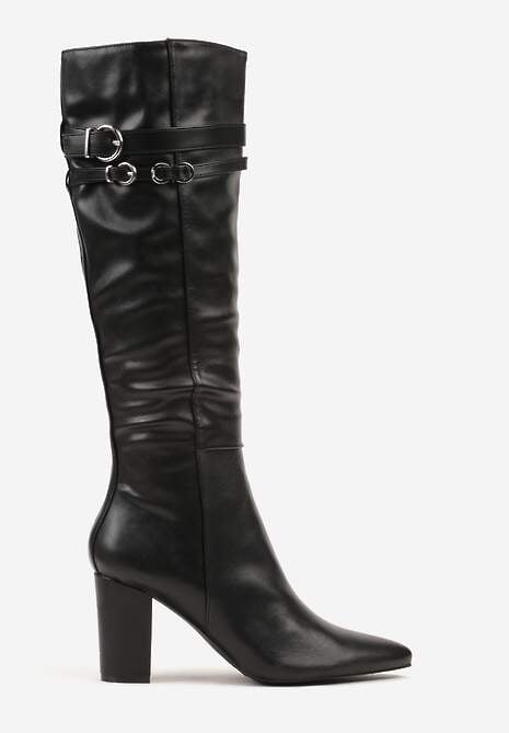 Czarne Kozaki do Kolan na Słupkowym Obcasie ze Sprzączkami na Paskach Miobela