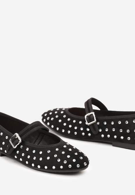 Czarne Balerinki z Ekozamszu z Zapięciem na Klamerkę Ozdobione Cyrkoniami Daisanna