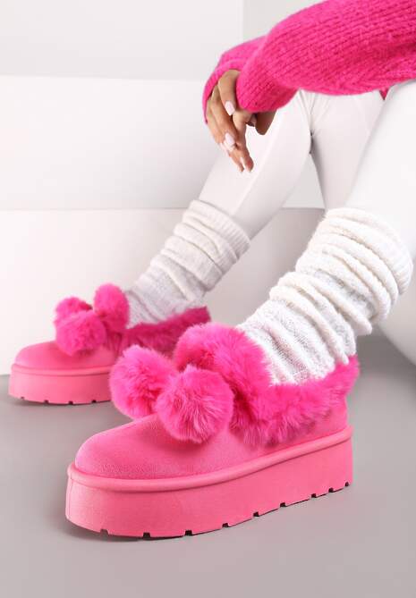 Fuksjowe Śniegowce na Platformie z Pomponami i Ozdobnym Sztucznym Futerkiem Iriviane