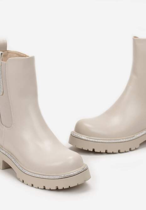 Beżowe Botki Sztyblety w Cyrkonie Caterissa