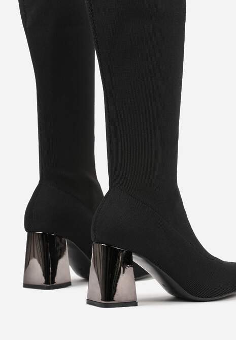 Czarne Eleganckie Kozaki VICES na Metalicznym Obcasie ze Skarpetkową Cholewką Nalaina