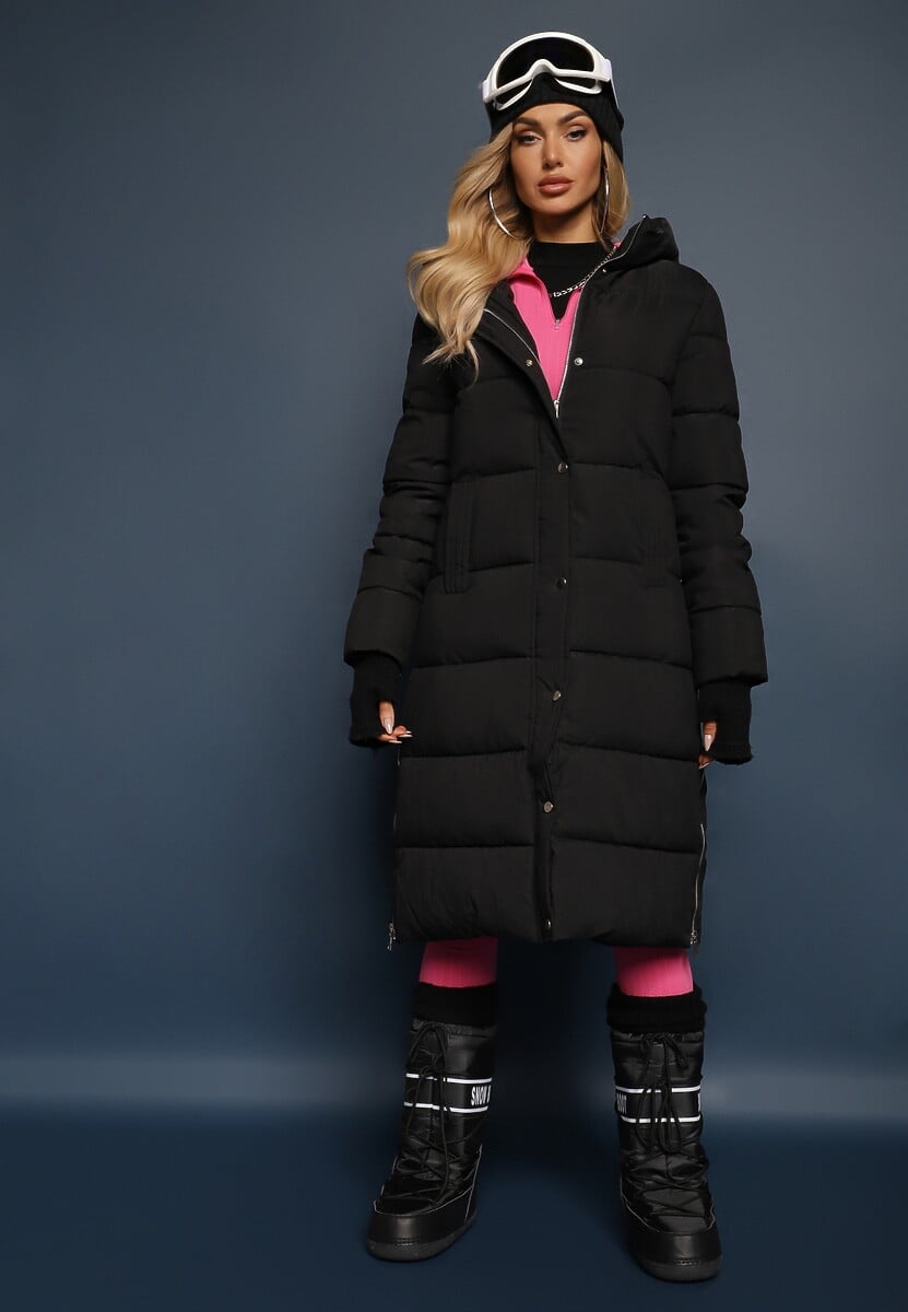 Czarna Pikowana Długa Kurtka z Kapturem i Napami Tisima