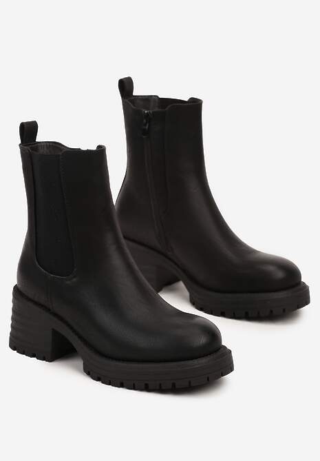 Czarne Ocieplone Botki na Słupku w Stylu Sztybletów Ozdobione z Boku Gumką Crethea