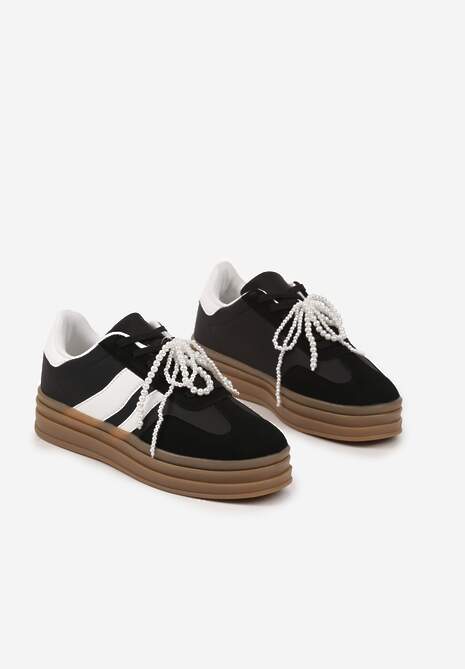 Czarne Sneakersy na Grubej Podeszwie z Ozdobnymi Odpinanymi Perłami Ajovia