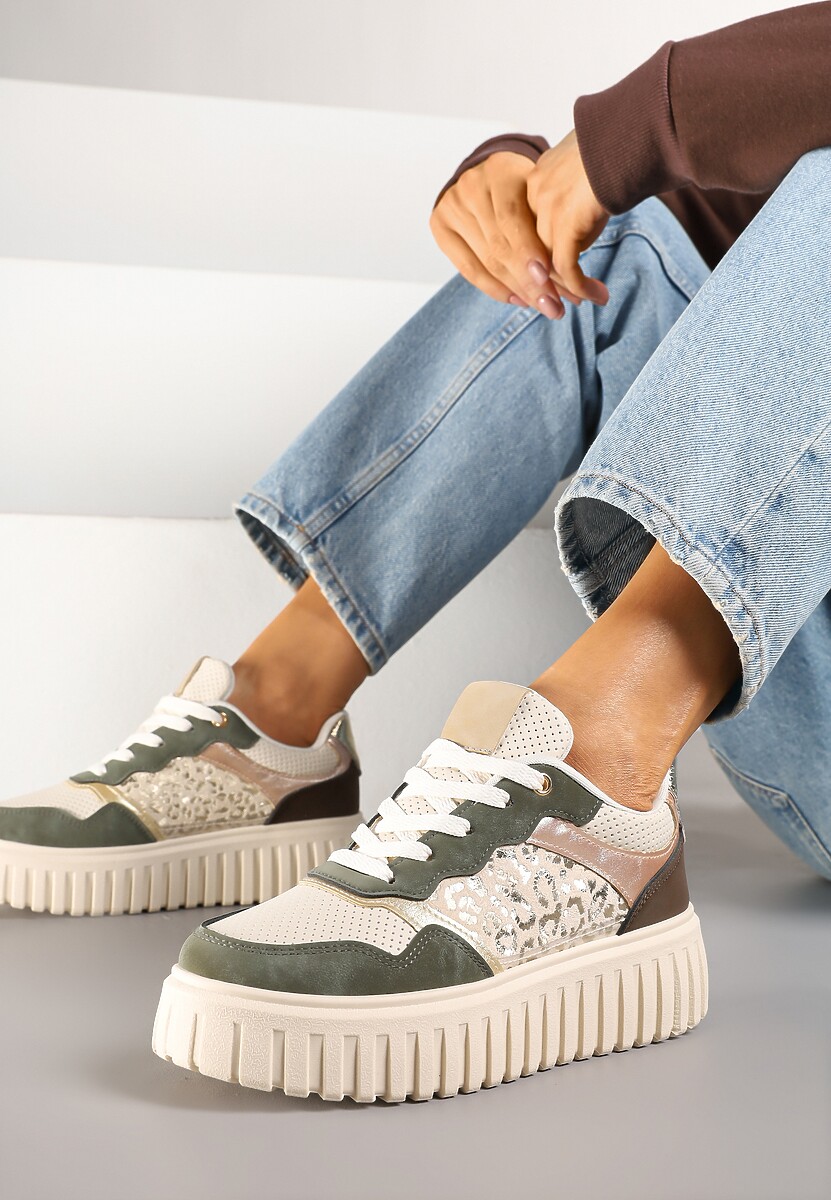 Beżowo-Zielone Sneakersy na Platformie z Tłoczeniami Zdobione Panterkowym Printem Herraza
